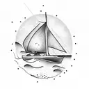 sailboat with waves, sun, birds, whale tail  tattoo design idea