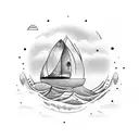 sailboat with waves, sun, birds, whale tail  tattoo design idea