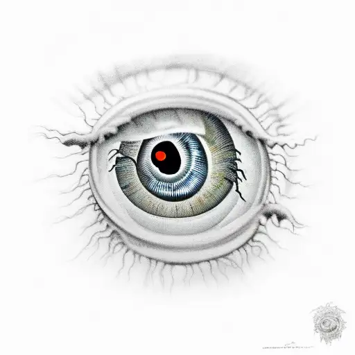 an eyeball, three worms crawl out of its pupil in different directions. There is a centipede sitting on top of the eyeba tattoo design idea