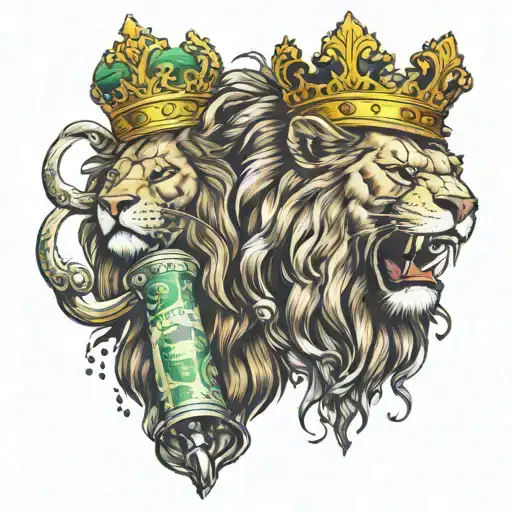 angry lion with crown guns and money in the hands  tattoo design idea