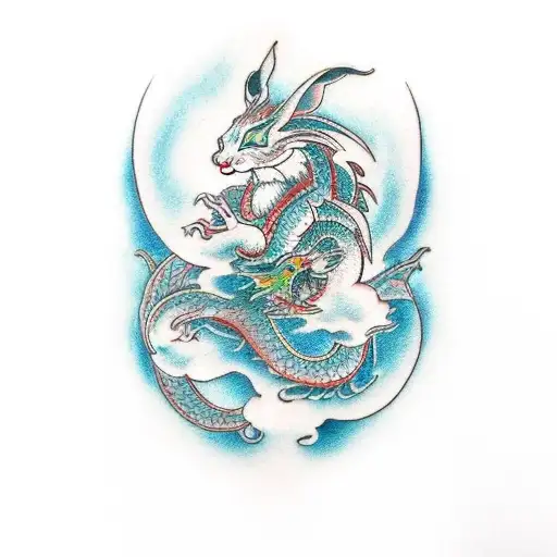 A fusion of Japanese rabbit and Aquarius symbols, with a traditional dragon entwined around an Aquarius water bearer tattoo design idea