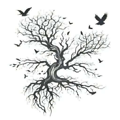 A majestic tree with intricate roots intertwined with a flock of birds flying above it tattoo design idea