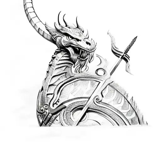 A Viking-inspired sketch of a dragon wrapped around a paintbrush tattoo design idea