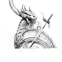 A Viking-inspired sketch of a dragon wrapped around a paintbrush tattoo design idea