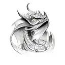 A Viking-inspired sketch of a dragon wrapped around a paintbrush tattoo design idea