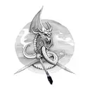 A Viking-inspired sketch of a dragon wrapped around a paintbrush tattoo design idea