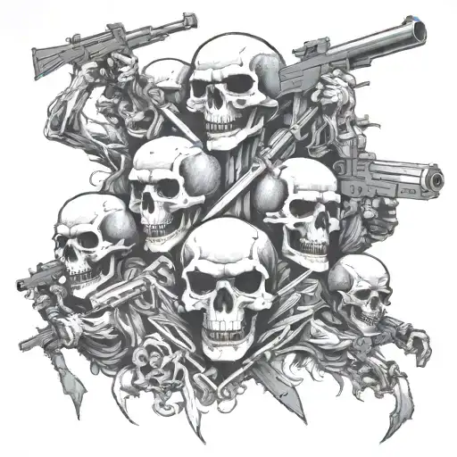 A gang of skulls wielding various weapons in a fierce battle scene tattoo design idea