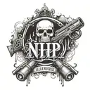 Drawing for a tattoo in the background of the gangster drug weapons and in the foreground the three letters in large NHP tattoo design idea