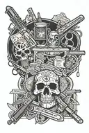 in the background, money, weapons, drugs, a gangster tattoo and in the foreground, mark in large NHP tattoo design idea