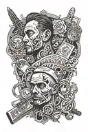 in the background, money, weapons, drugs, a gangster tattoo and in the foreground, mark in large NHP tattoo design idea