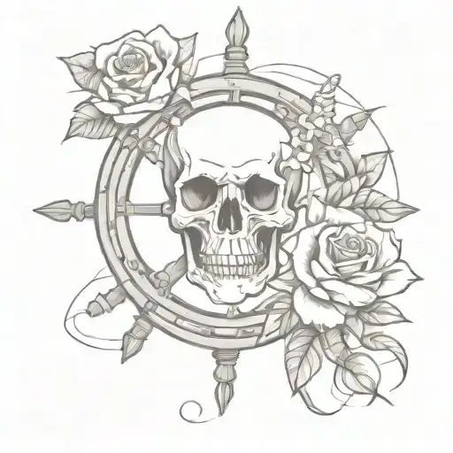 skull rose and ship wheel tattoo design idea
