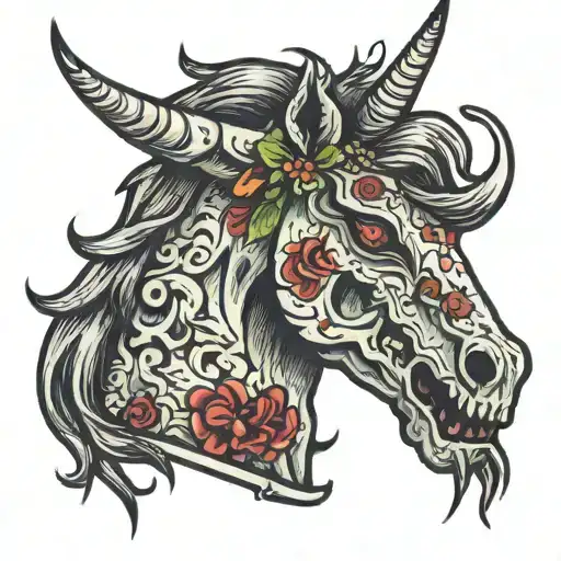 Zombie Unicorn, bit off lip  tattoo design idea