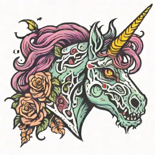 Zombie Unicorn, gory face tattoo design idea