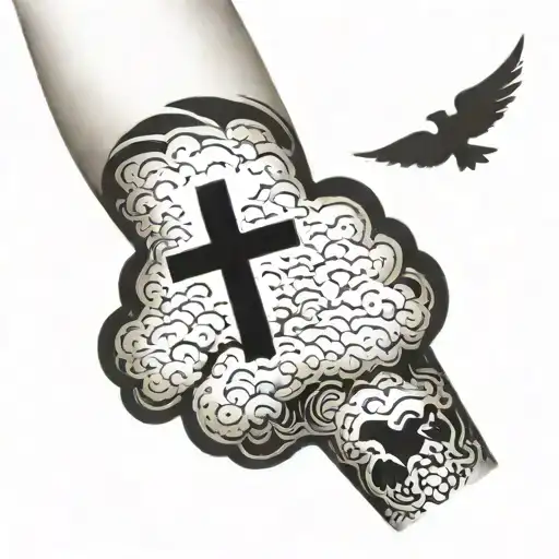 outer arm sleeve clouds and cross  tattoo design idea