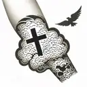 outer arm sleeve clouds and cross  tattoo design idea