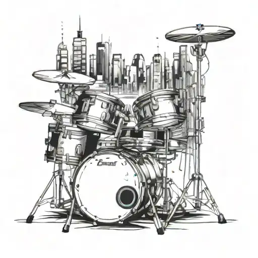 A futuristic cyberpunk cityscape with a drum set integrated into the skyline tattoo design idea