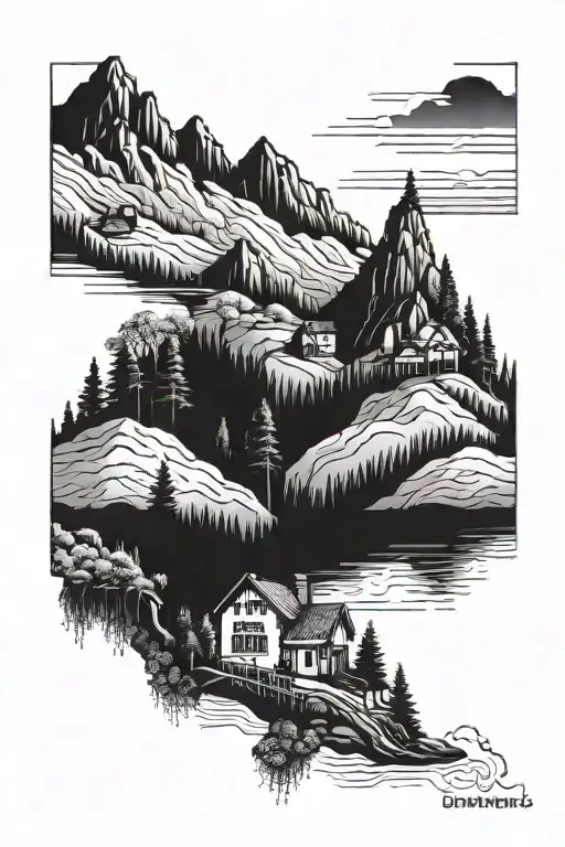 A blackwork tattoo of a serene mountain landscape with a hidden library nestled in the valley below tattoo design idea