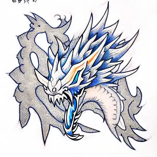 blue dragon with orange wings tattoo design idea