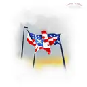 A Texas landscape with a casino building in the foreground and a veteran flag waving above tattoo design idea