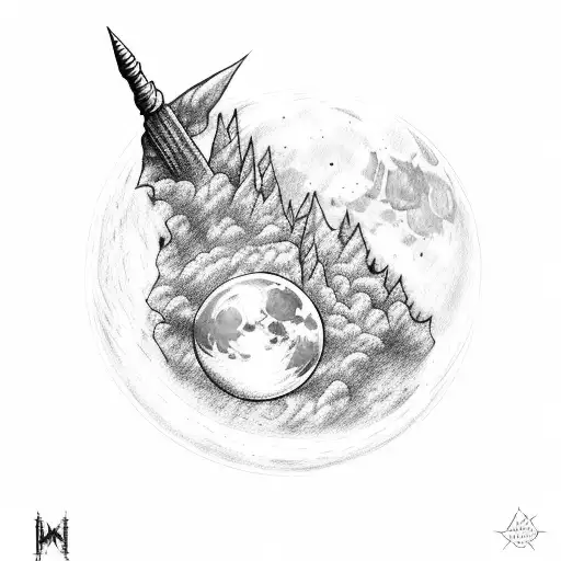 moon with wand and Hogwarts tattoo design idea