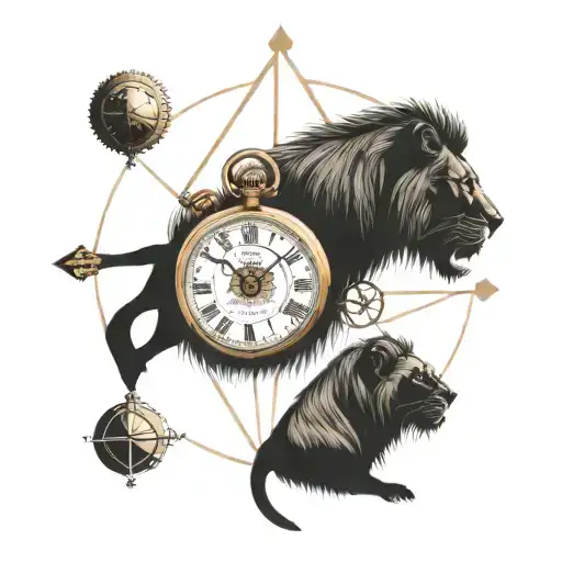 3 lion cubs, one lion, one lioness, a compass pointing north and three antiquie pocketwatches   tattoo design idea