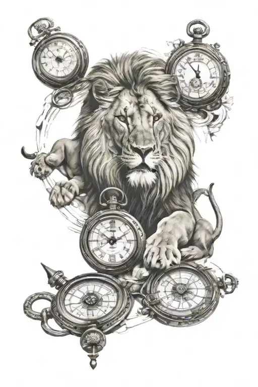 a lion, a lioness, and three cubs, add a compass and three antique pocket watches for kids birthday  tattoo design idea