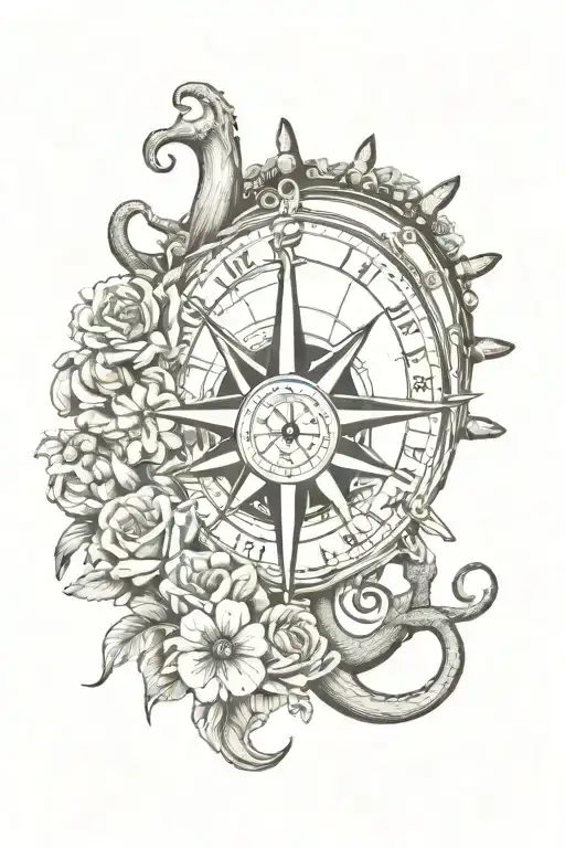 a marine ink with flowers, a kraken taking, a ship rudder with clock time and a compass tattoo design idea