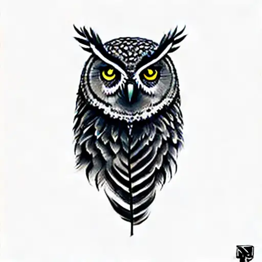 an owl with feathers sitting on a branch and mountains in background tattoo design idea