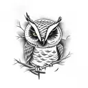 an owl sitting on a branch of tree with mountains in background tattoo design idea