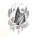 an owl sitting on a branch of tree with mountains in background tattoo design idea