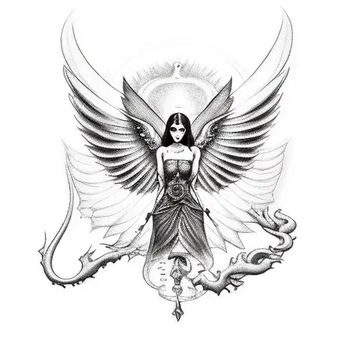 the hourglass with a demon wing and an angel wing  tattoo design idea