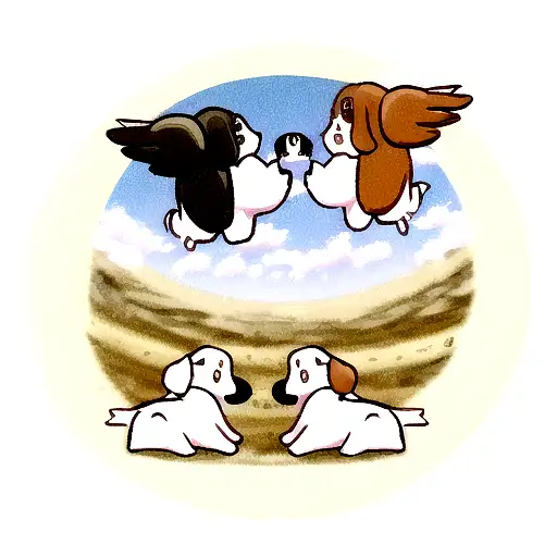 two angel basset hounds sitting on a cloud one is black and white and the other is brown and white  tattoo design idea