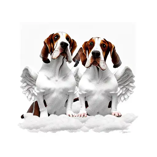two angel basset hounds sitting on a cloud one is black and white and the other is brown and white  tattoo design idea
