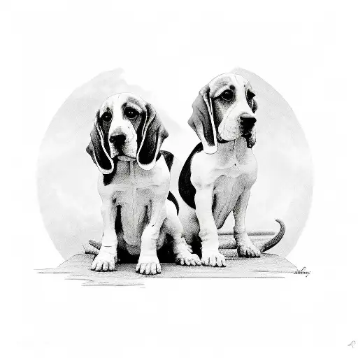 two angel basset hounds sitting on a cloud one is black and white and the other is brown and white  tattoo design idea