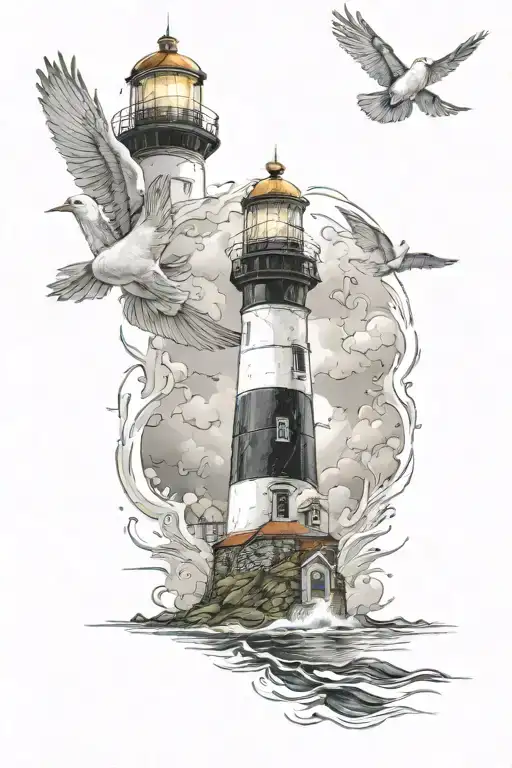 theme is one of my favorite lighthouses that would have a beaming light as a glowing eye thats watery looking with doves tattoo design idea