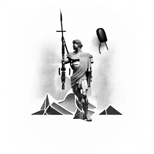 A futuristic blackwork tattoo of a Greek statue holding a paintbrush and a computer mouse. tattoo design idea