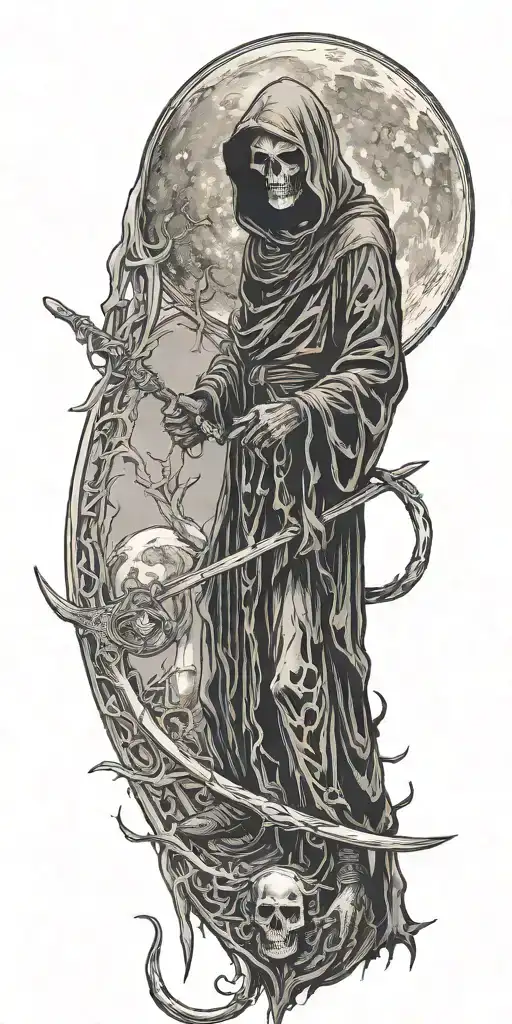 grim reaper with scythe and moon tattoo design idea