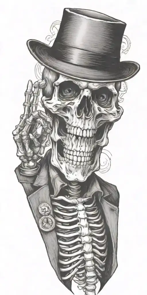 skeleton wearing a fedora and vest flipping a coin.  tattoo design idea