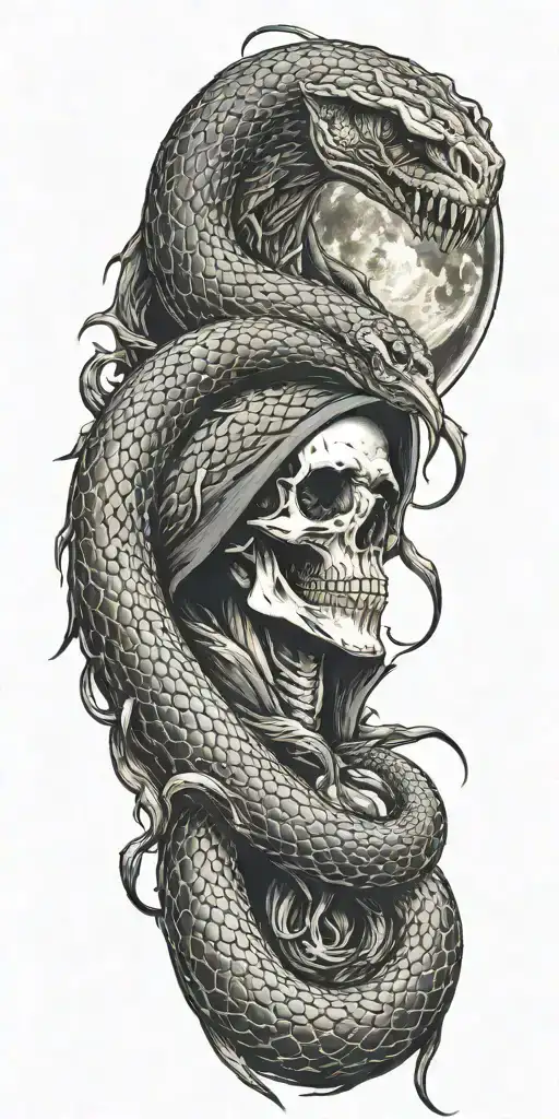  snake with fangs and grim reaper with moon  tattoo design idea