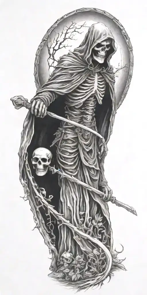 grim reaper with scythe and fog  tattoo design idea