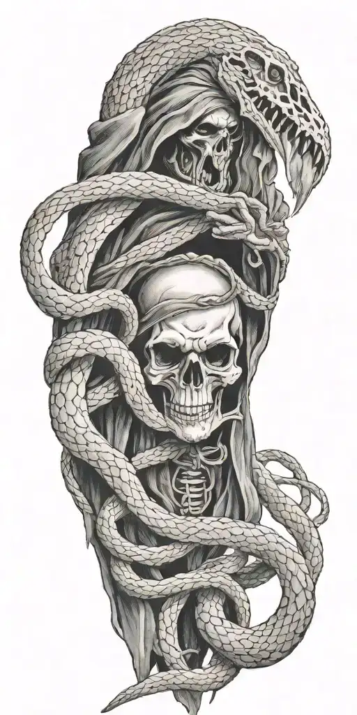 scary grim reaper and snakes in hand reaching tattoo design idea