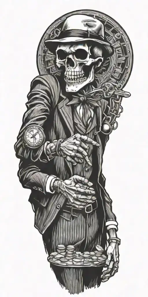 mobster skelton flipping  coin tattoo design idea