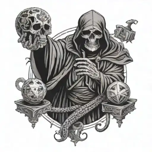 A grim reaper holding a dice with snake patterns, surrounded by mobster silhouettes tattoo design idea