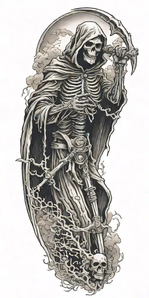 grim reaper with scythe and fog  tattoo design idea