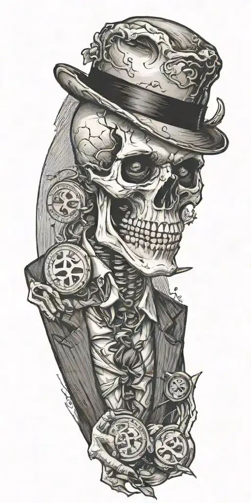 mobster skelton flipping  coin tattoo design idea