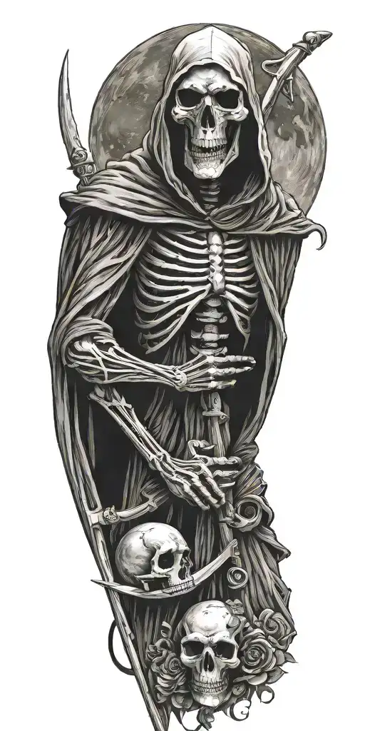 grim reaper with scythe and skull moon  tattoo design idea