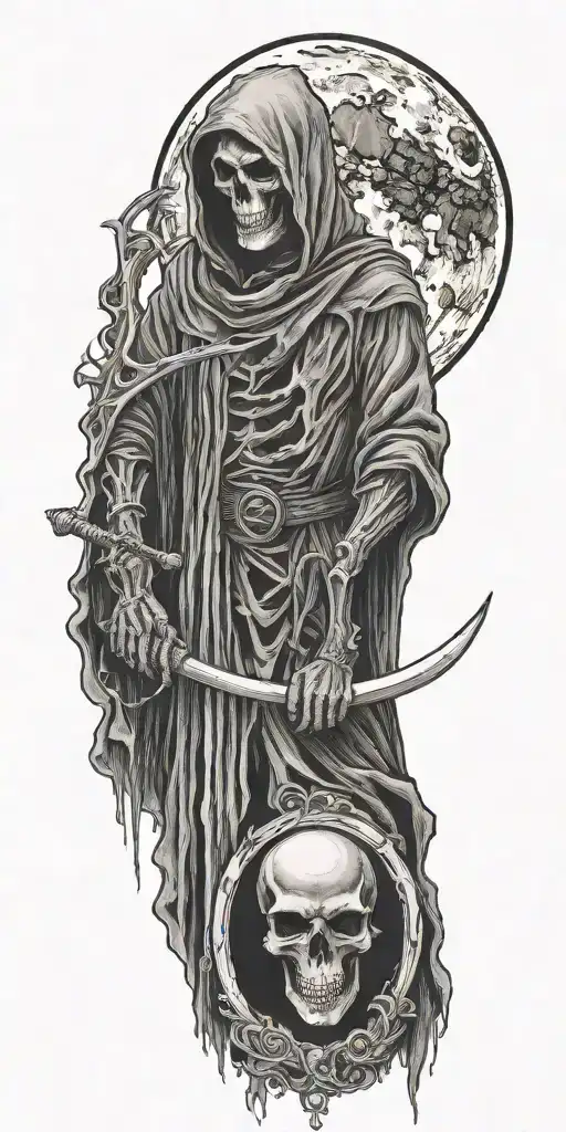 grim reaper with scythe and moon tattoo design idea