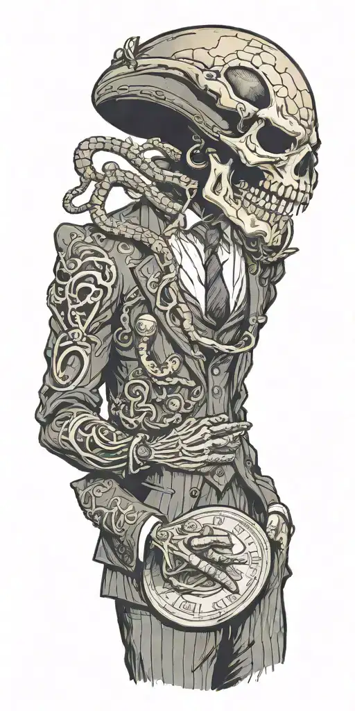 Skelton wearing a fadora and suit throwing a coin. with a snake wrapped around its neck  tattoo design idea