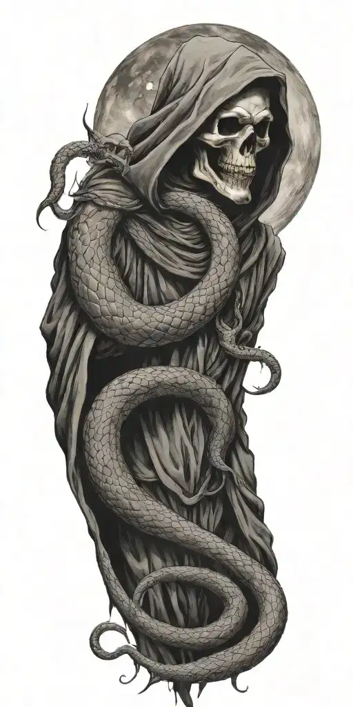  snake with fangs and grim reaper with moon  tattoo design idea