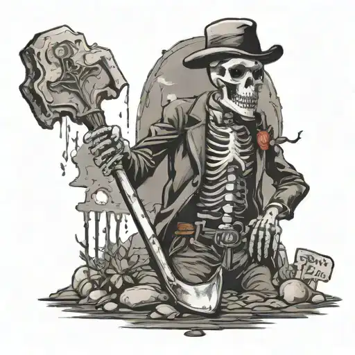 A mobster skeleton holding a shovel in a graveyard setting, representing the cycle of life and death tattoo design idea